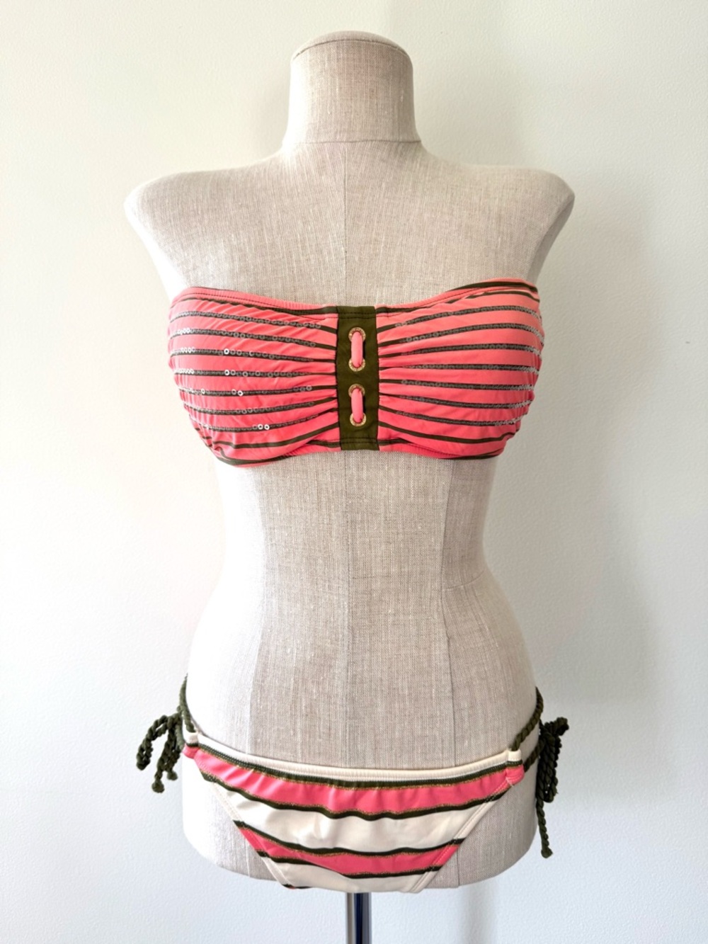 Sperry Top-Sider Striped Sequin Bandeau Bikini Set Coral Olive Ivory Sz M Preppy